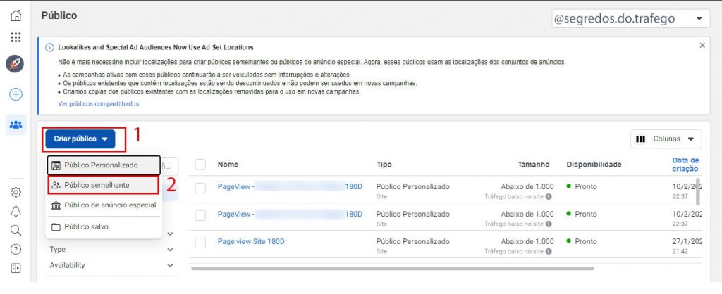 Acessando a tela de públicos no gerenciador de anúncios do Facebook para criar lookalike. parte 2