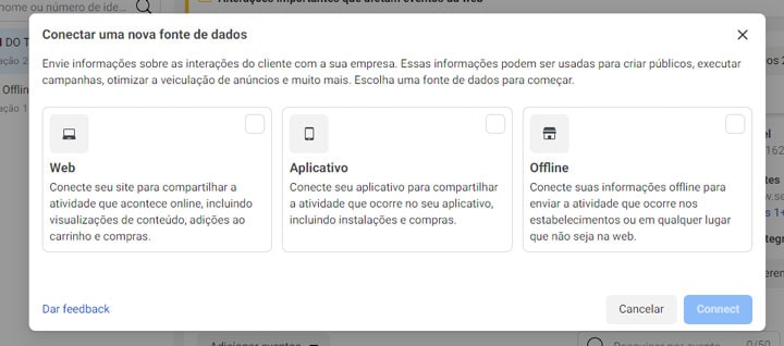 Conectar fonte de dados ao instalar o pixel do facebook