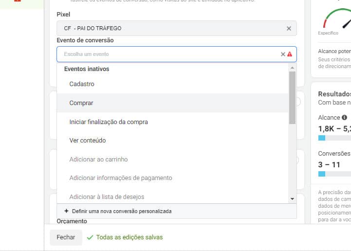 Selecionando pixel e evento de conversão no Facebook ADS