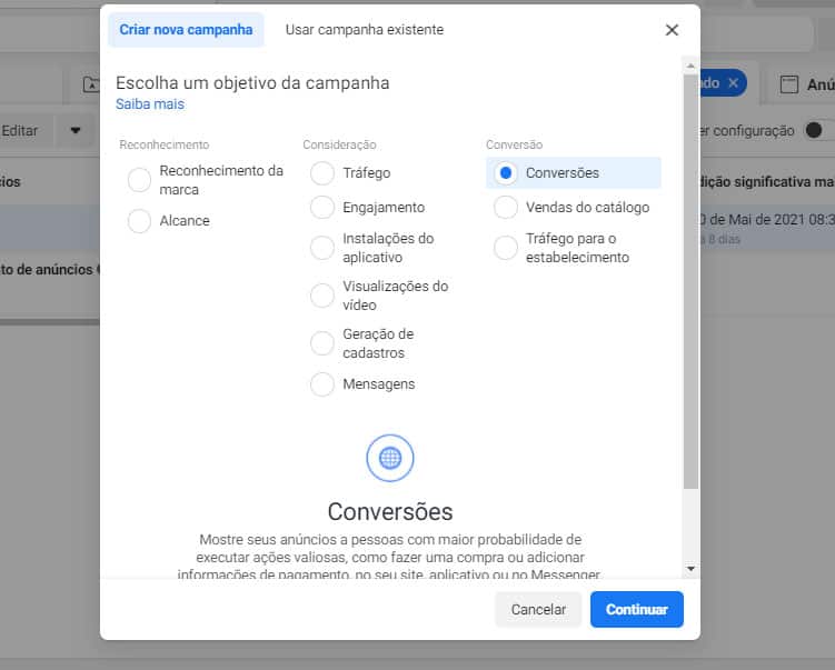 Objetivo de campanha de vendas no Facebook ADS