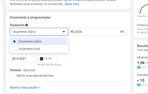 definindo orçamento em conjunto de anúncios do Facebook ADS