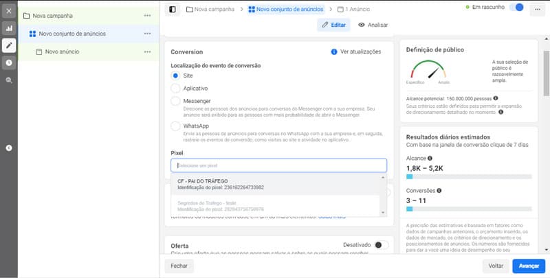 selecionando pixel em conjunto de anúncio no Facebook ADS