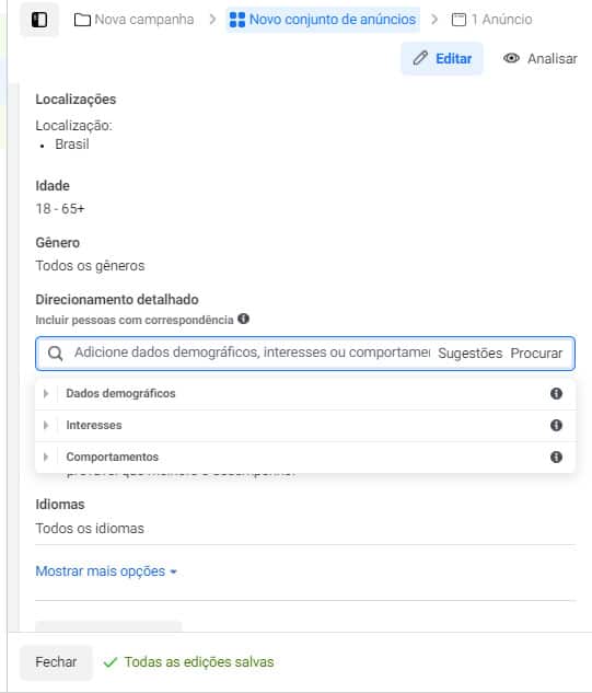 Direcionamento detalhado Facebook ADS