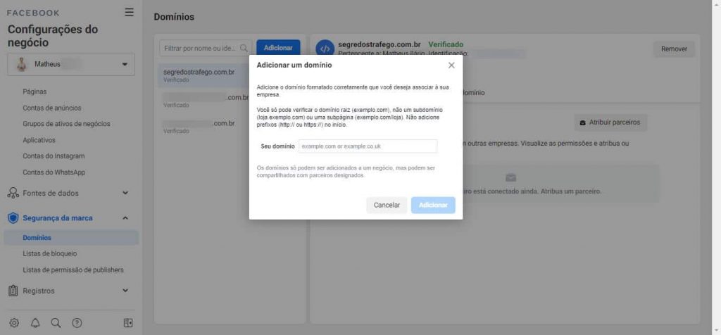 Adicionar e validar domínio no facebook ads