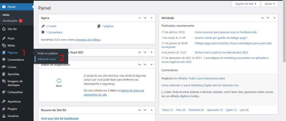 Criar nova página WordPress