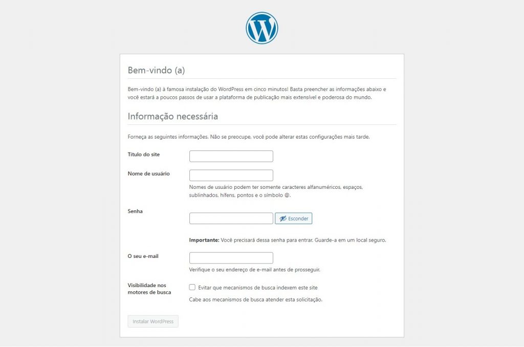 Página de instalação do WordPress