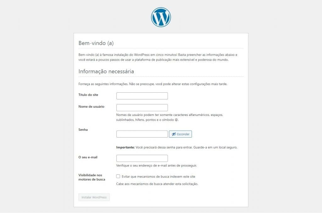 Página de instalação do WordPress